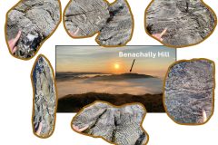 Wiggly lines and quartzite veins exposed on Benachally Hill near Dunkeld, pictured rising above the clouds at sunrise in the centre from Deuchary Hill SS